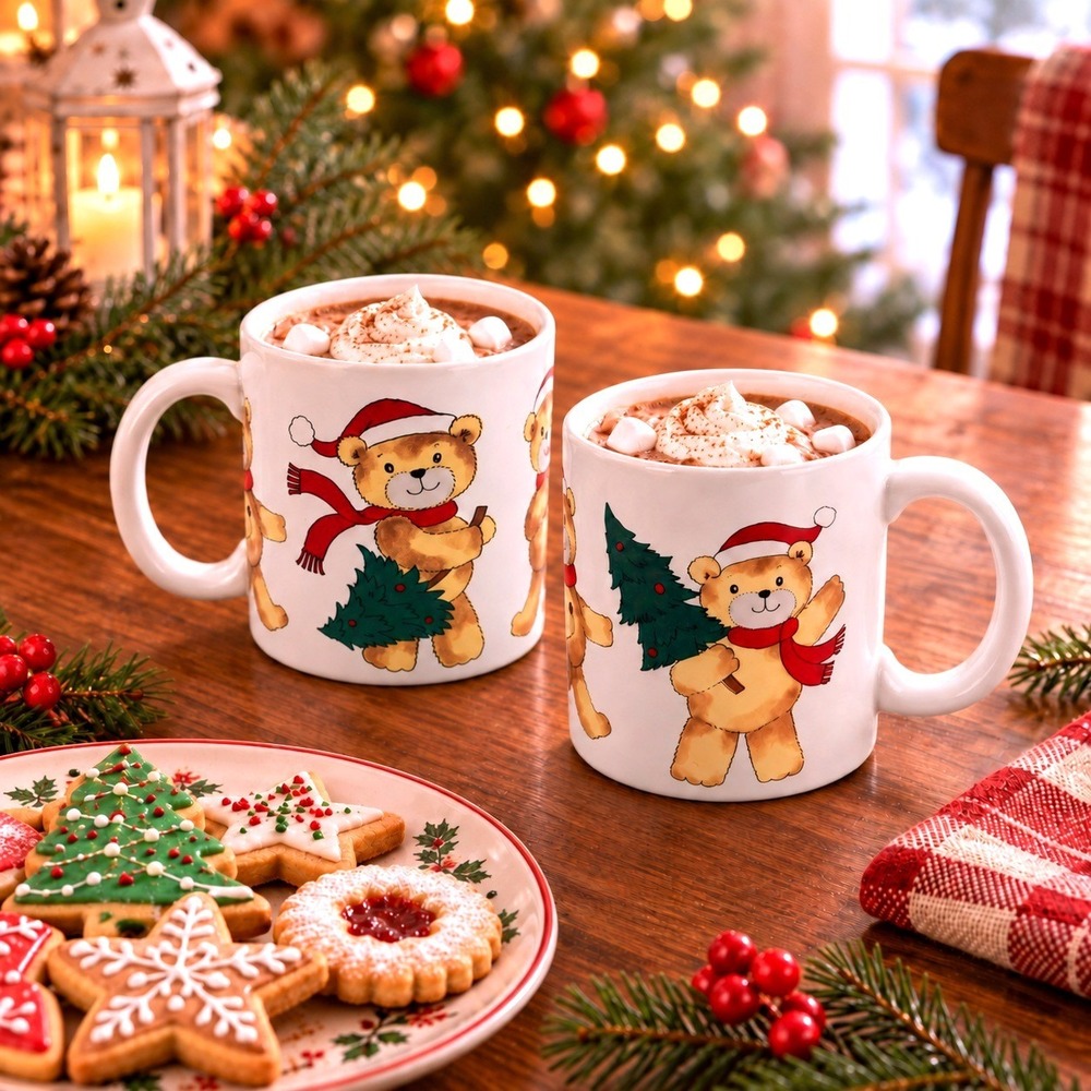 Vtg Set of 4 Christmas Bear Stoneware Mugs 12 oz. From Japan 1980s With Box